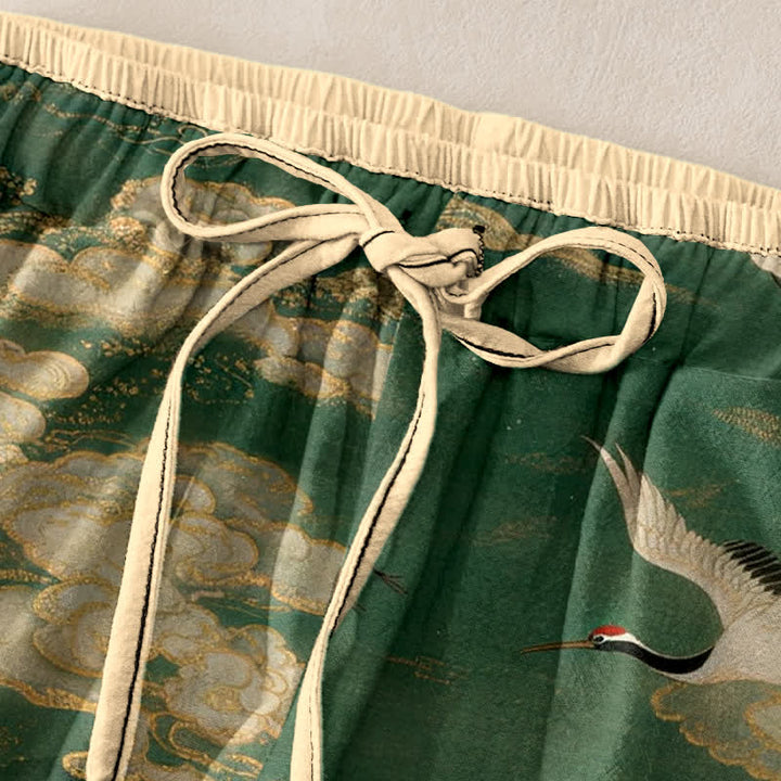 Buddha Stones Pantalones de mujer de algodón puro con elegante estampado de grullas y flores, cintura elástica y bolsillos. - image 1