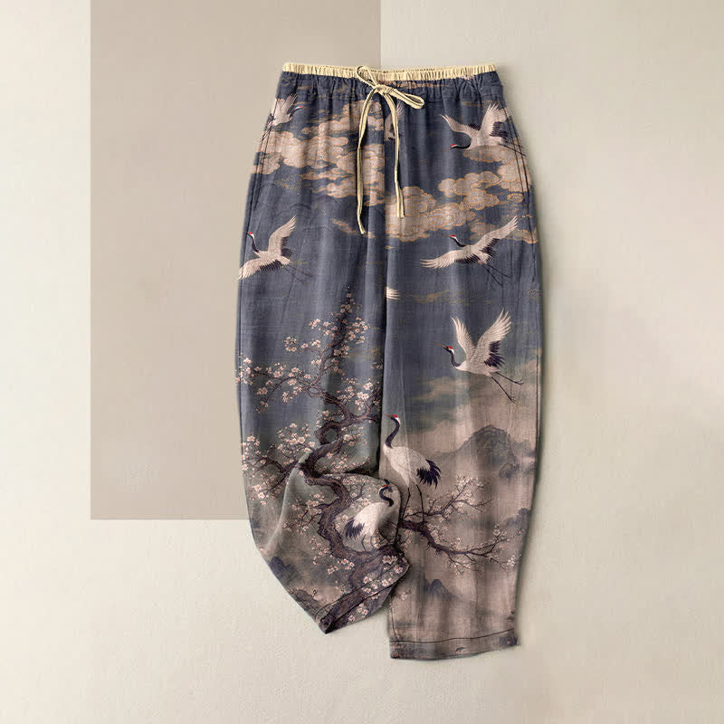 Buddha Stones Pantalones de mujer de algodón puro con elegante estampado de grullas y flores, cintura elástica y bolsillos. - Gris pizarra - US16，UK/AU20，EU48 (3XL) - image 4