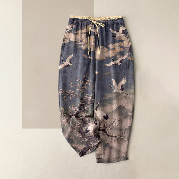 Buddha Stones Pantalones de mujer de algodón puro con elegante estampado de grullas y flores, cintura elástica y bolsillos. - Gris pizarra - US16，UK/AU20，EU48 (3XL) - image 4