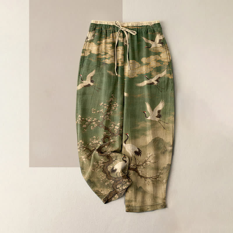 Buddha Stones Pantalones de mujer de algodón puro con elegante estampado de grullas y flores, cintura elástica y bolsillos. - Aceituna - US16，UK/AU20，EU48 (3XL) - image 5
