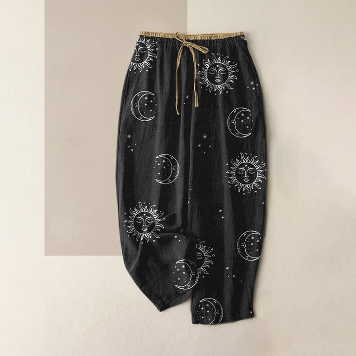 Buddha Stones Pantalones de mujer de algodón puro con estampado místico de luna y sol, cintura elástica y bolsillos. - Negro - US16，UK/AU20，EU48 (3XL) - image 0