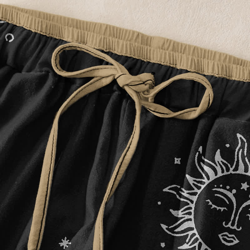 Buddha Stones Pantalones de mujer de algodón puro con estampado místico de luna y sol, cintura elástica y bolsillos. - image 1