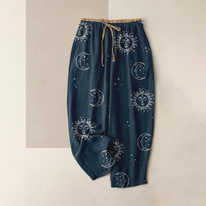 Buddha Stones Pantalones de mujer de algodón puro con estampado místico de luna y sol, cintura elástica y bolsillos. - Marina de guerra - US16，UK/AU20，EU48 (3XL) - image 4