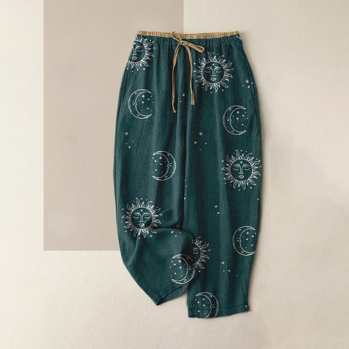 Buddha Stones Pantalones de mujer de algodón puro con estampado místico de luna y sol, cintura elástica y bolsillos. - Verde azulado - US16，UK/AU20，EU48 (3XL) - image 5