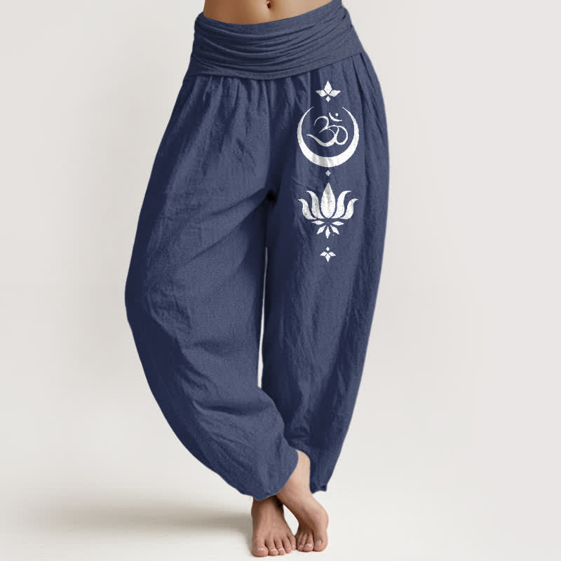 Buddha Stones Pantalones harem de algodón puro con estampado de luna y loto Om para mujer con cintura elástica. - Azul pizarra oscuro - US16，UK/AU20，EU48 (3XL) - image 5