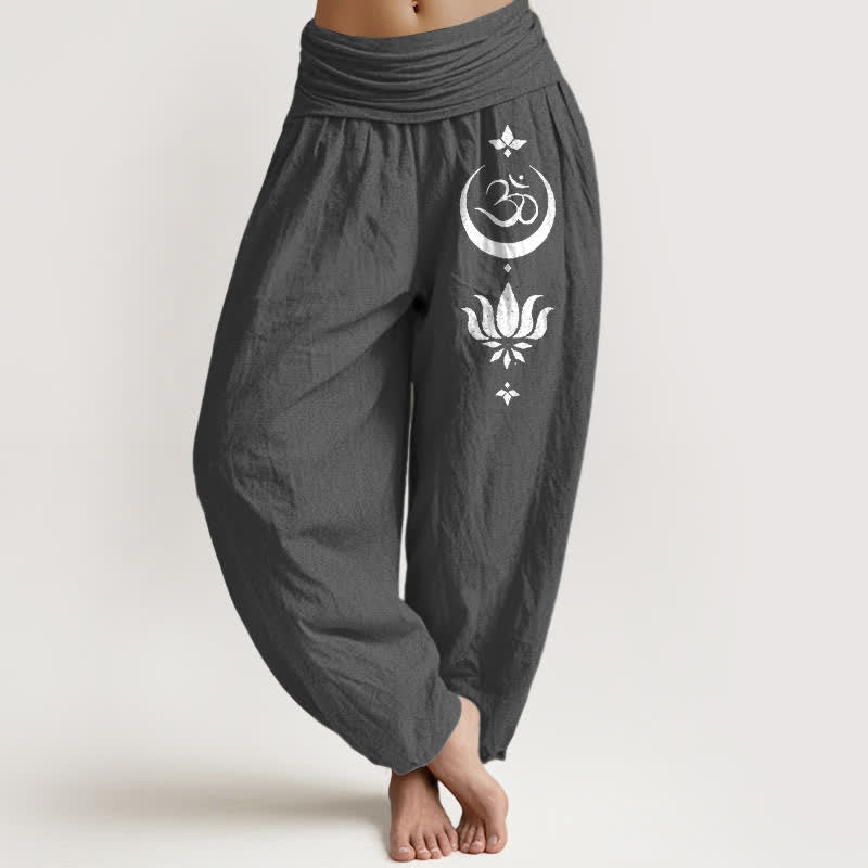 Buddha Stones Pantalones harem de algodón puro con estampado de luna y loto Om para mujer con cintura elástica. - Gris oscuro - US16，UK/AU20，EU48 (3XL) - image 8