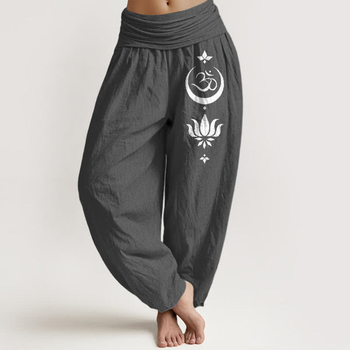 Buddha Stones Pantalones harem de algodón puro con estampado de luna y loto Om para mujer con cintura elástica. - Gris oscuro - US16，UK/AU20，EU48 (3XL) - image 8