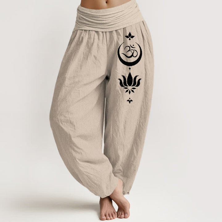 Buddha Stones Pantalones harem de algodón puro con estampado de luna y loto Om para mujer con cintura elástica. - Broncearse - US16，UK/AU20，EU48 (3XL) - image 11