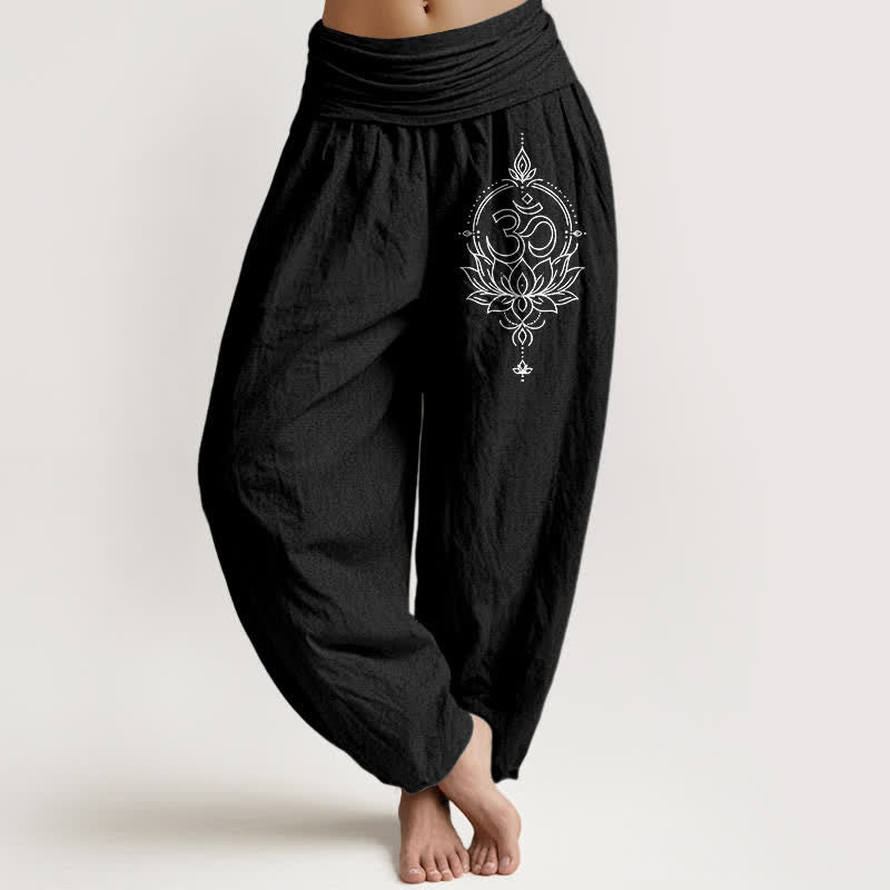 Buddha Stones Pantalones harem de algodón puro con estampado de mandala Om de loto para mujer con cintura elástica. - Negro - US16，UK/AU20，EU48 (3XL) - image 5