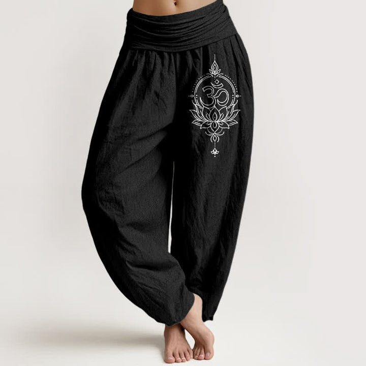 Buddha Stones Pantalones harem de algodón puro con estampado de mandala Om de loto para mujer con cintura elástica. - Negro - US16，UK/AU20，EU48 (3XL) - image 5