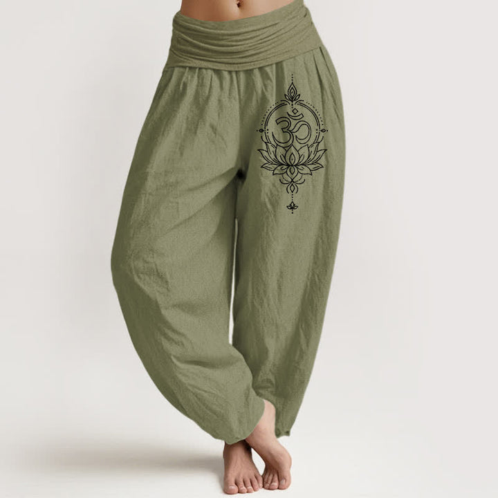 Buddha Stones Pantalones harem de algodón puro con estampado de mandala Om de loto para mujer con cintura elástica. - Verde oliva - US16，UK/AU20，EU48 (3XL) - image 14