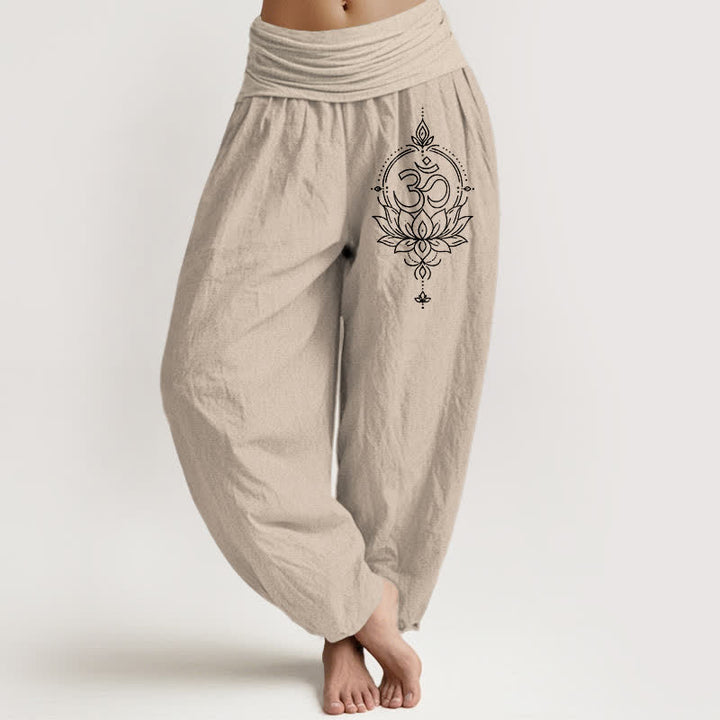 Buddha Stones Pantalones harem de algodón puro con estampado de mandala Om de loto para mujer con cintura elástica. - Broncearse - US16，UK/AU20，EU48 (3XL) - image 11