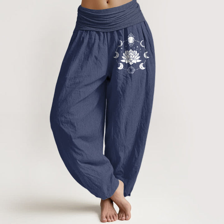 Buddha Stones Pantalones harem de mujer con cintura elástica y estampado de fases lunares de loto de algodón puro para mujer - Azul pizarra oscuro - US16，UK/AU20，EU48 (3XL) - image 8