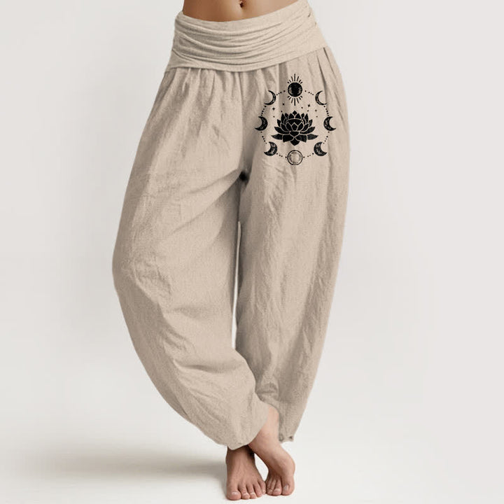 Buddha Stones Pantalones harem de mujer con cintura elástica y estampado de fases lunares de loto de algodón puro para mujer - Broncearse - US16，UK/AU20，EU48 (3XL) - image 11