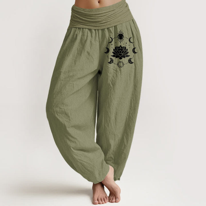 Buddha Stones Pantalones harem de mujer con cintura elástica y estampado de fases lunares de loto de algodón puro para mujer - Verde oliva - US16，UK/AU20，EU48 (3XL) - image 14