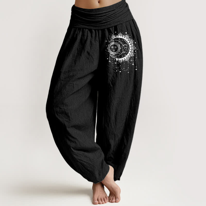 Buddha Stones Pantalones harem de mujer con cintura elástica y estampado de sol y luna celestial, de algodón puro. - Negro - US16，UK/AU20，EU48 (3XL) - image 5