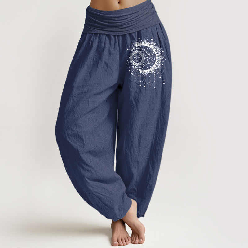 Buddha Stones Pantalones harem de mujer con cintura elástica y estampado de sol y luna celestial, de algodón puro. - Azul pizarra oscuro - US16，UK/AU20，EU48 (3XL) - image 8