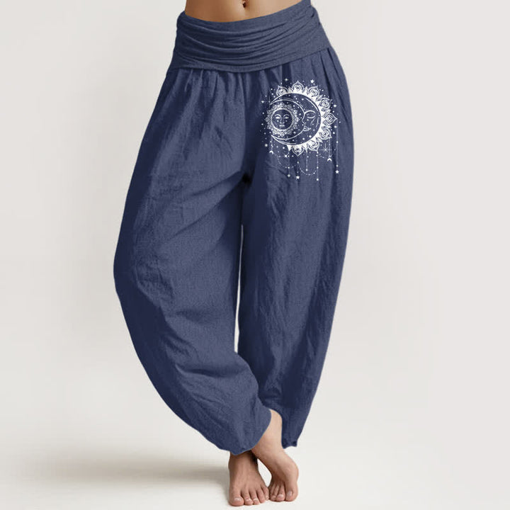 Buddha Stones Pantalones harem de mujer con cintura elástica y estampado de sol y luna celestial, de algodón puro. - Azul pizarra oscuro - US16，UK/AU20，EU48 (3XL) - image 8