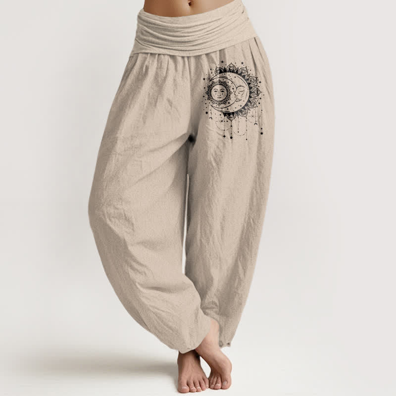 Buddha Stones Pantalones harem de mujer con cintura elástica y estampado de sol y luna celestial, de algodón puro. - Broncearse - US16，UK/AU20，EU48 (3XL) - image 11
