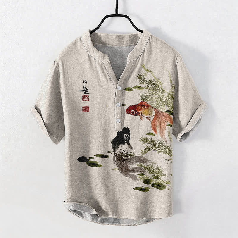 Buddha Stones Camisa de manga corta con medio botón para hombre, de algodón con estampado de hojas de loto y carpas koi. - Beige - US/UK/AU50, EU60 (5XL) - image 0