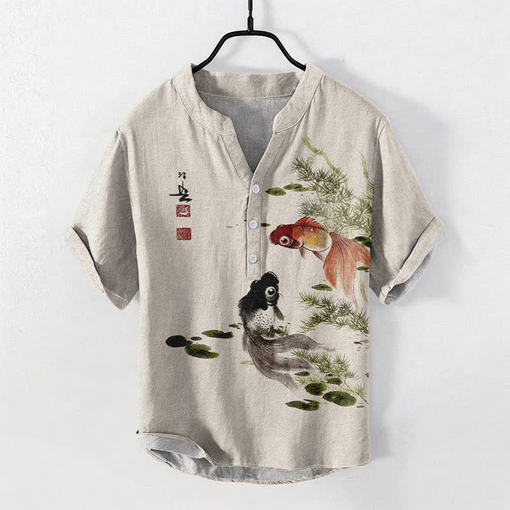 Buddha Stones Camisa de manga corta con medio botón para hombre, de algodón con estampado de hojas de loto y carpas koi. - Beige - US/UK/AU50, EU60 (5XL) - image 0