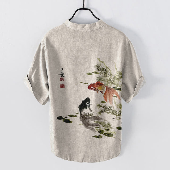 Buddha Stones Camisa de manga corta con medio botón para hombre, de algodón con estampado de hojas de loto y carpas koi. - image 1