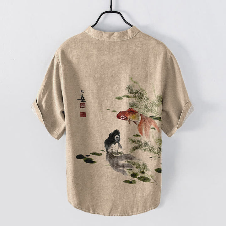 Buddha Stones Camisa de manga corta con medio botón para hombre, de algodón con estampado de hojas de loto y carpas koi. - image 4