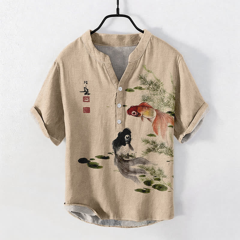 Buddha Stones Camisa de manga corta con medio botón para hombre, de algodón con estampado de hojas de loto y carpas koi. - Trigo - US/UK/AU50, EU60 (5XL) - image 3