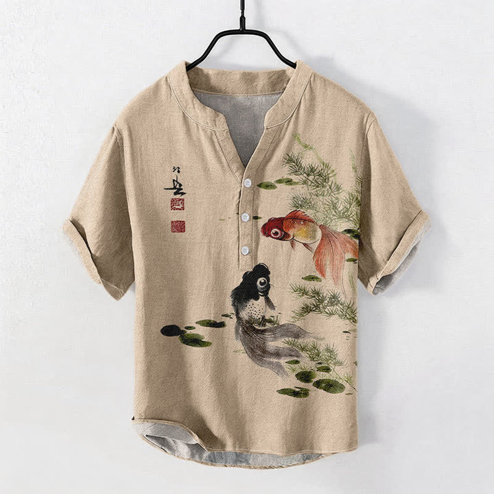 Buddha Stones Camisa de manga corta con medio botón para hombre, de algodón con estampado de hojas de loto y carpas koi. - Trigo - US/UK/AU50, EU60 (5XL) - image 3