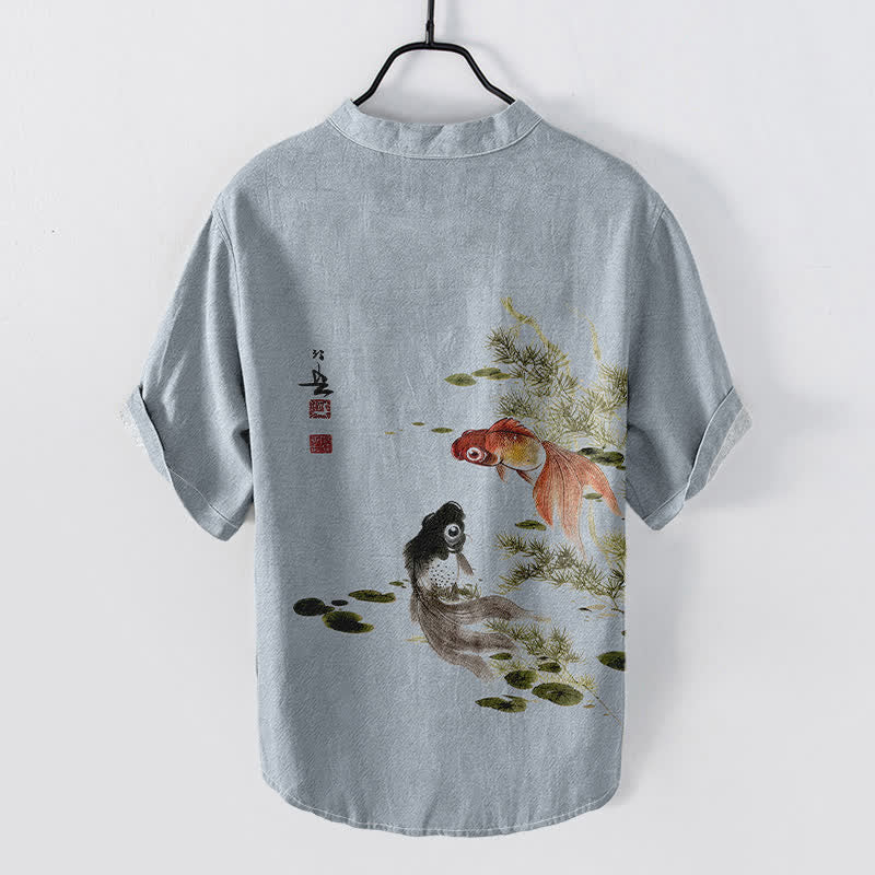 Buddha Stones Camisa de manga corta con medio botón para hombre, de algodón con estampado de hojas de loto y carpas koi. - image 6