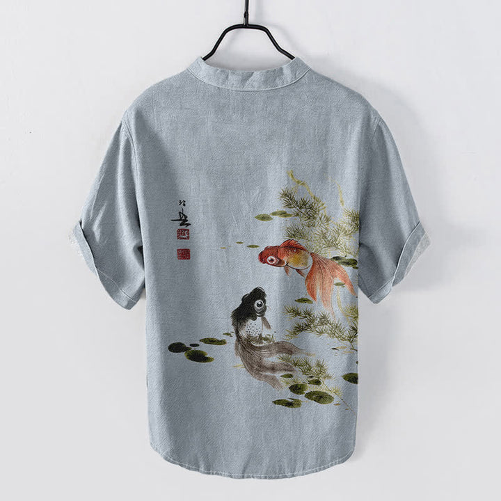 Buddha Stones Camisa de manga corta con medio botón para hombre, de algodón con estampado de hojas de loto y carpas koi. - image 6