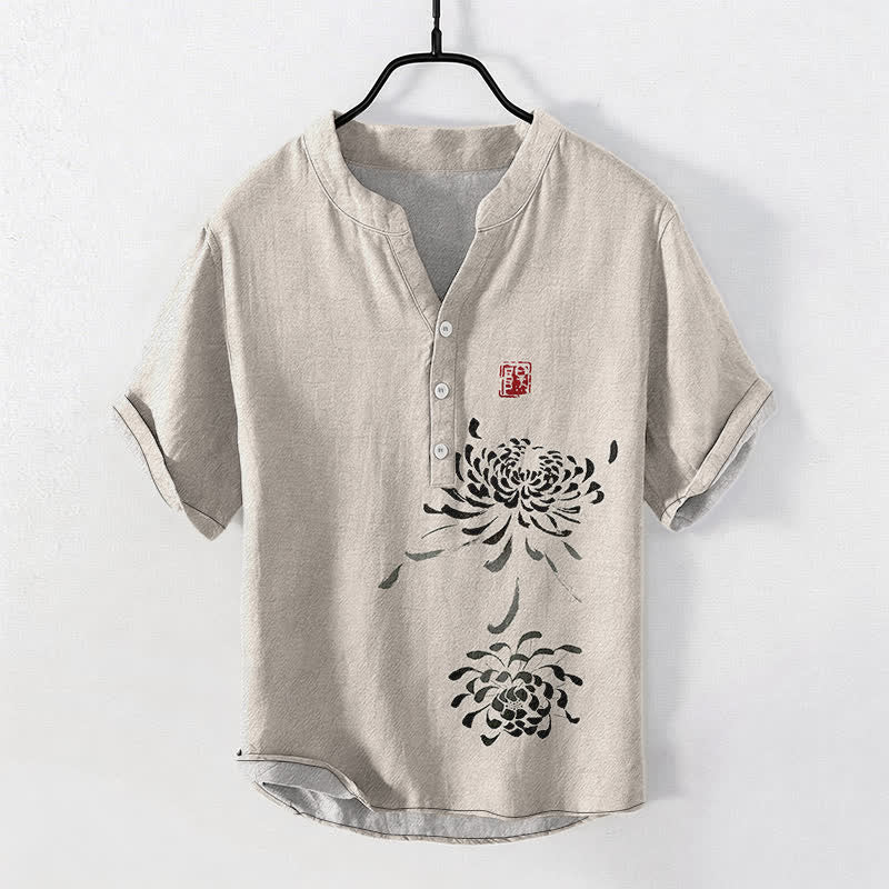 Buddha Stones Camisa de manga corta con medio botón para hombre, con estampado de sello de crisantemo y tinta de algodón. - Lino - US/UK/AU50, EU60 (5XL) - image 0