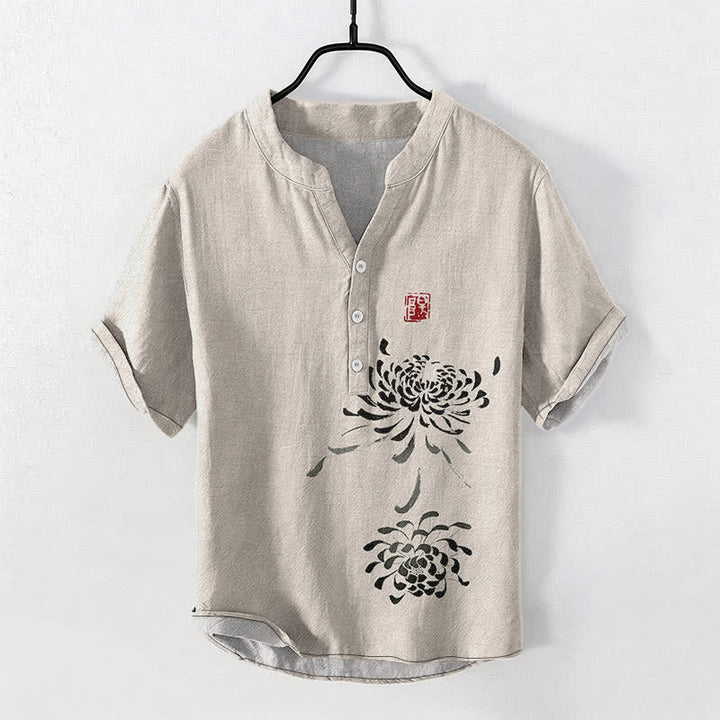 Buddha Stones Camisa de manga corta con medio botón para hombre, con estampado de sello de crisantemo y tinta de algodón. - Lino - US/UK/AU50, EU60 (5XL) - image 0