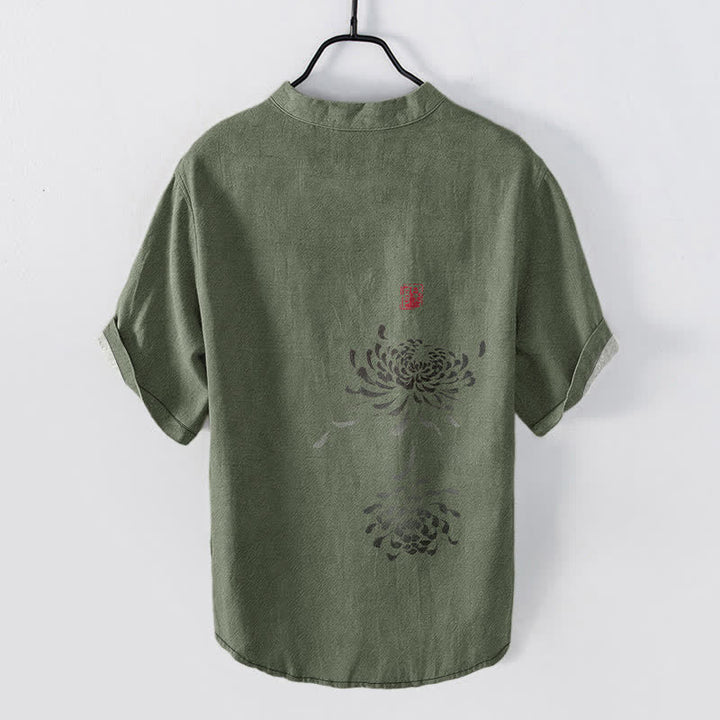 Buddha Stones Camisa de manga corta con medio botón para hombre, con estampado de sello de crisantemo y tinta de algodón. - image 6
