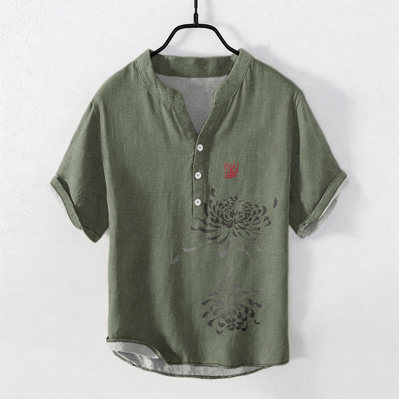 Buddha Stones Camisa de manga corta con medio botón para hombre, con estampado de sello de crisantemo y tinta de algodón. - Verde oliva oscuro - US/UK/AU50, EU60 (5XL) - image 5