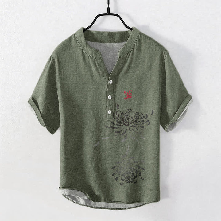 Buddha Stones Camisa de manga corta con medio botón para hombre, con estampado de sello de crisantemo y tinta de algodón. - Verde oliva oscuro - US/UK/AU50, EU60 (5XL) - image 5