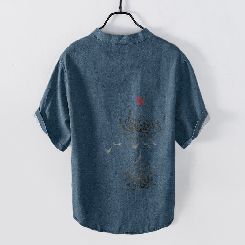 Buddha Stones Camisa de manga corta con medio botón para hombre, con estampado de sello de crisantemo y tinta de algodón. - image 8