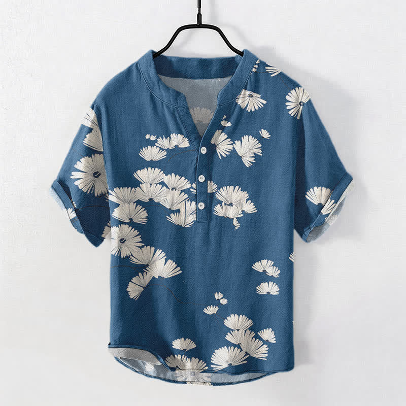 Buddha Stones Camisa de manga corta con medio botón y estampado de margaritas blancas para hombre, de algodón. - Azul real - US/UK/AU50, EU60 (5XL) - image 0