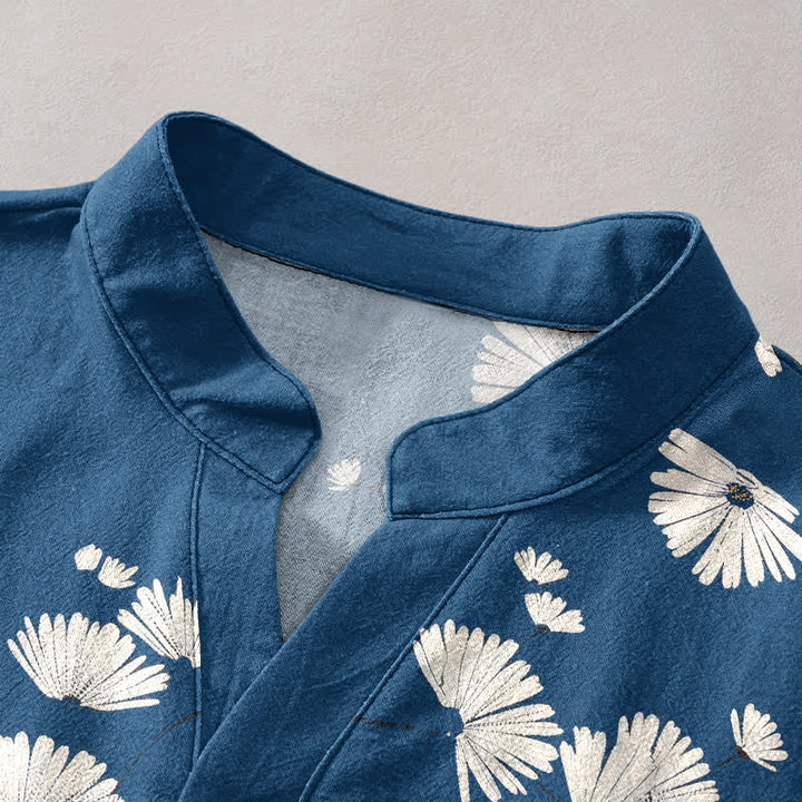Buddha Stones Camisa de manga corta con medio botón y estampado de margaritas blancas para hombre, de algodón. - image 2