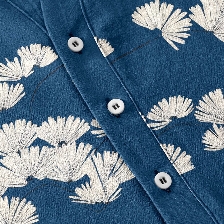 Buddha Stones Camisa de manga corta con medio botón y estampado de margaritas blancas para hombre, de algodón. - image 3