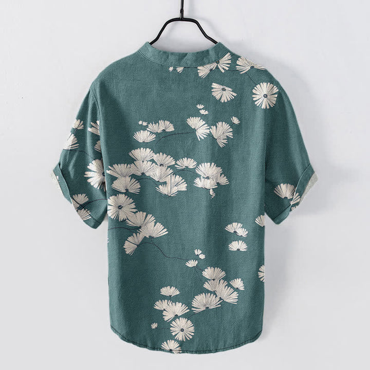 Buddha Stones Camisa de manga corta con medio botón y estampado de margaritas blancas para hombre, de algodón. - image 6