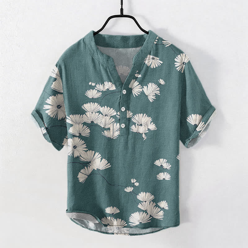 Buddha Stones Camisa de manga corta con medio botón y estampado de margaritas blancas para hombre, de algodón. - Verde azulado - US/UK/AU50, EU60 (5XL) - image 5