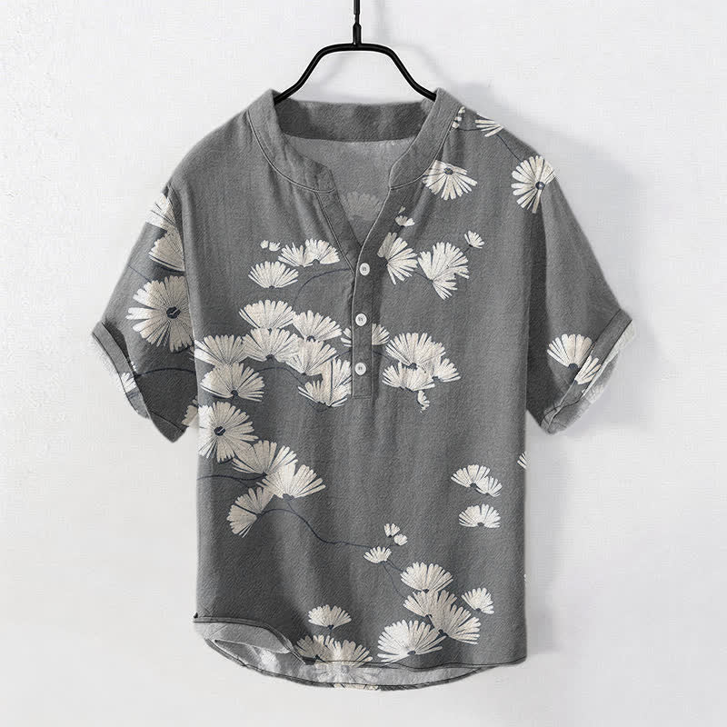 Buddha Stones Camisa de manga corta con medio botón y estampado de margaritas blancas para hombre, de algodón. - Gris - US/UK/AU50, EU60 (5XL) - image 7
