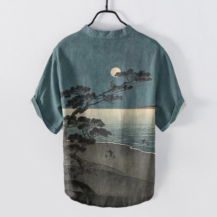 Buddha Stones Camisa de manga corta con medio botón para hombre, de algodón, con estampado de pinos de la costa iluminada por la luna. - image 1