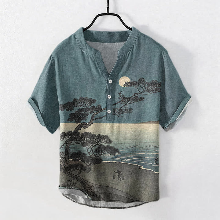 Buddha Stones Camisa de manga corta con medio botón para hombre, de algodón, con estampado de pinos de la costa iluminada por la luna. - Azul cadete - US/UK/AU50, EU60 (5XL) - image 0