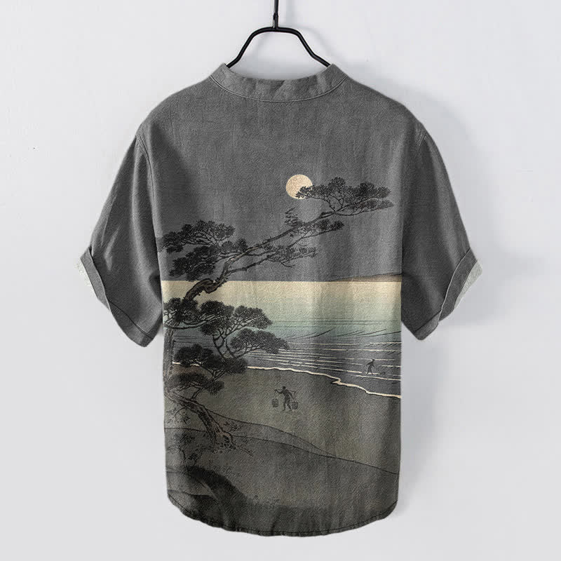 Buddha Stones Camisa de manga corta con medio botón para hombre, de algodón, con estampado de pinos de la costa iluminada por la luna. - image 6