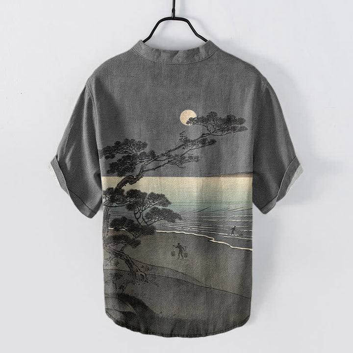 Buddha Stones Camisa de manga corta con medio botón para hombre, de algodón, con estampado de pinos de la costa iluminada por la luna. - image 6