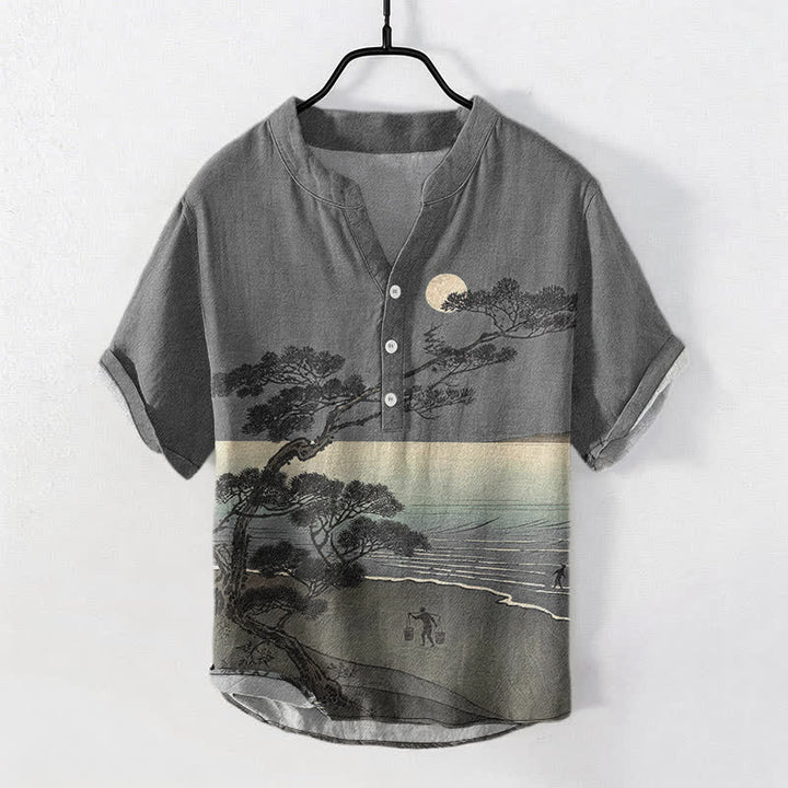 Buddha Stones Camisa de manga corta con medio botón para hombre, de algodón, con estampado de pinos de la costa iluminada por la luna. - Gris - US/UK/AU50, EU60 (5XL) - image 5