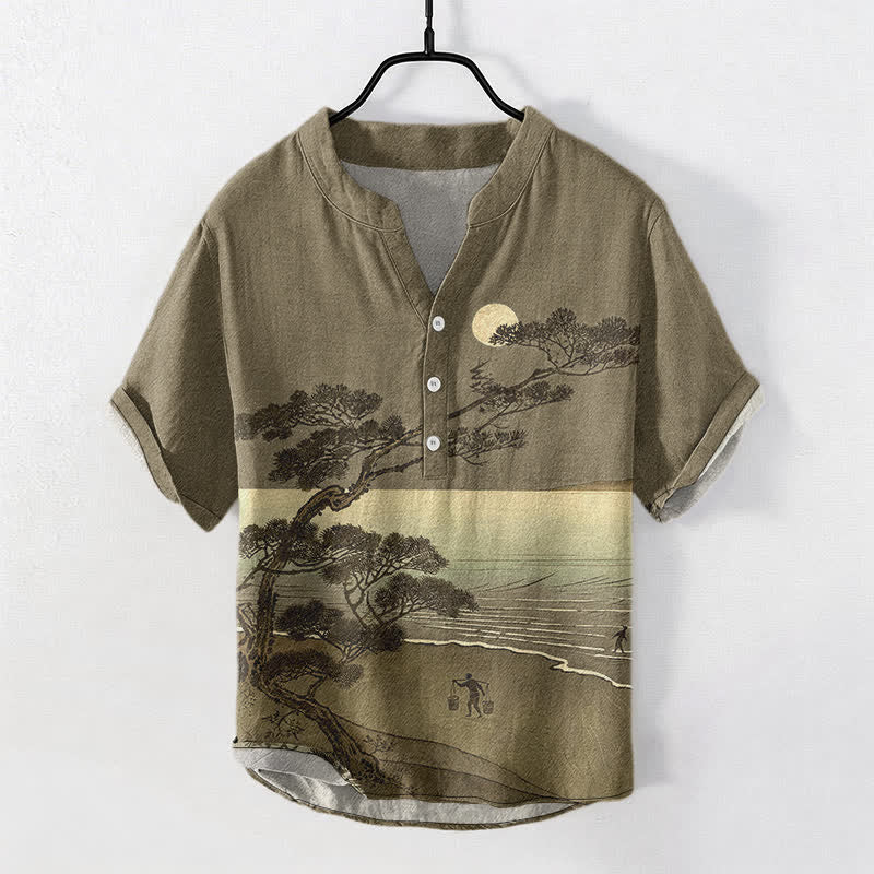 Buddha Stones Camisa de manga corta con medio botón para hombre, de algodón, con estampado de pinos de la costa iluminada por la luna. - Aceituna - US/UK/AU50, EU60 (5XL) - image 7