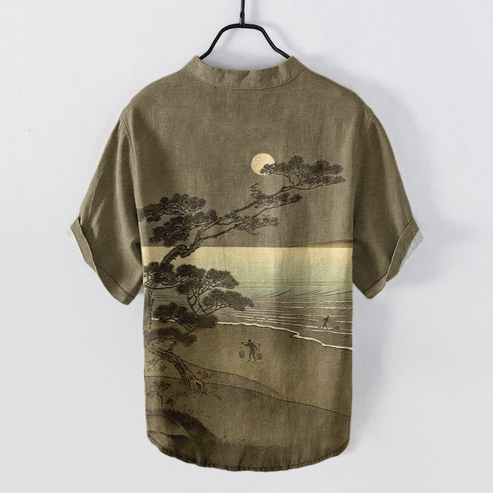Buddha Stones Camisa de manga corta con medio botón para hombre, de algodón, con estampado de pinos de la costa iluminada por la luna. - image 8